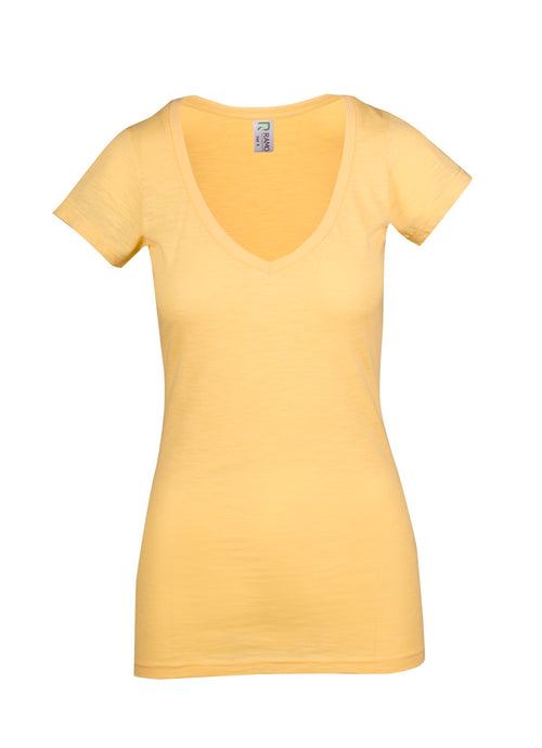 RAMO Women's Raw Cotton Wave V Neck Tshirt — Soft Yellow