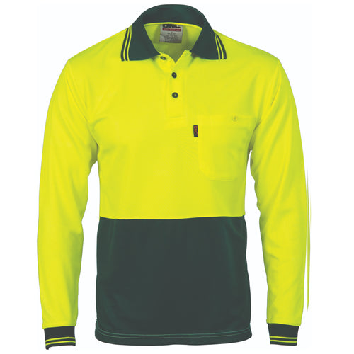 DNC HiVis Two Tone Cool Breathe Polo Shirt - Long Sleeve — Yellow/Bottle Green