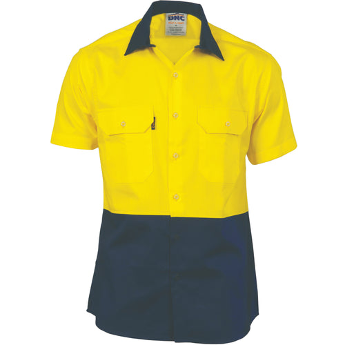 DNC HiVis Two Tone Cotton Drill Shirt - Short Sleeve — Yellow/Navy